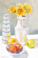 Sunflowers, White Vase with Blue Stripes, Citrus and Blue Bowl by Winifred Breines